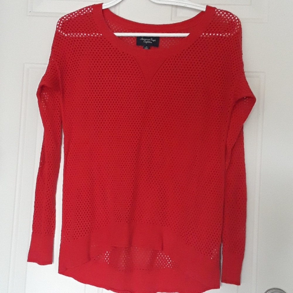 Red open knit sweatshirt